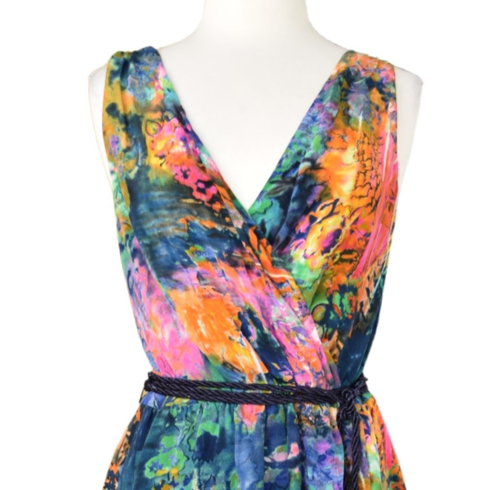 Suzi Chin Maggie Boutique Silk Watercolor Sleeveless High Low Faux Wrap … - Picture 6 of 12
